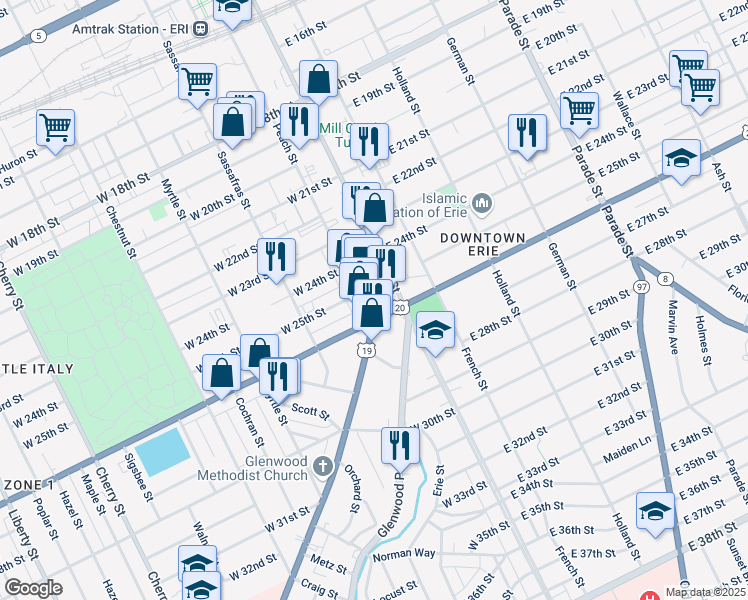 map of restaurants, bars, coffee shops, grocery stores, and more near 2504 State Street in Erie