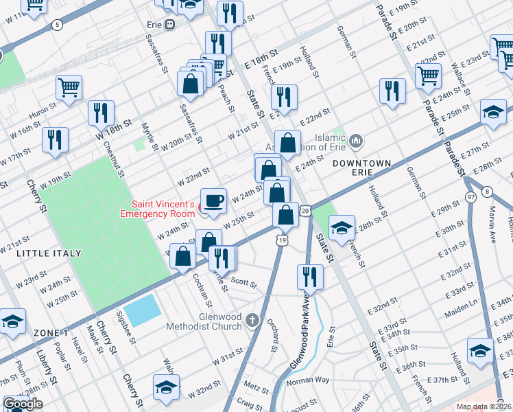 map of restaurants, bars, coffee shops, grocery stores, and more near 147 West 24th Street in Erie