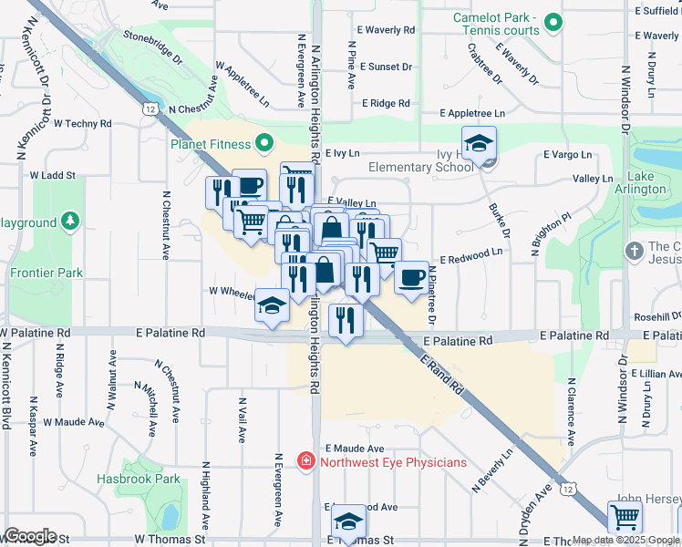 map of restaurants, bars, coffee shops, grocery stores, and more near 214 East Rand Road in Arlington Heights