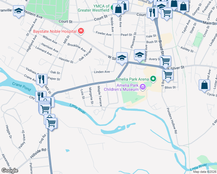 map of restaurants, bars, coffee shops, grocery stores, and more near 34 South Maple Street in Westfield