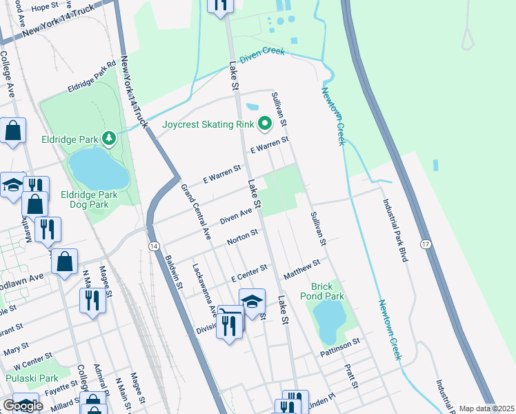 map of restaurants, bars, coffee shops, grocery stores, and more near Lake Street & Diven Avenue in Elmira