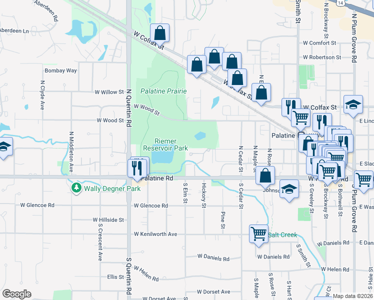 map of restaurants, bars, coffee shops, grocery stores, and more near 566 West Bridge View Court in Palatine