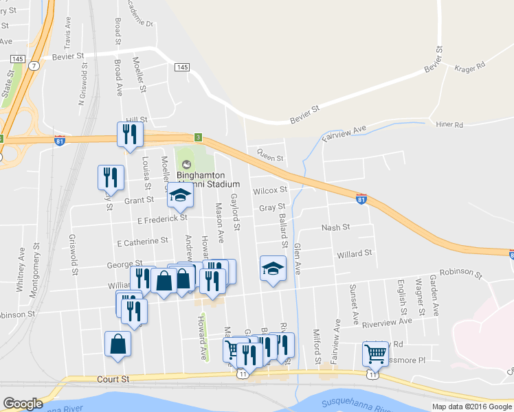 map of restaurants, bars, coffee shops, grocery stores, and more near 104 Bigelow Street in Binghamton