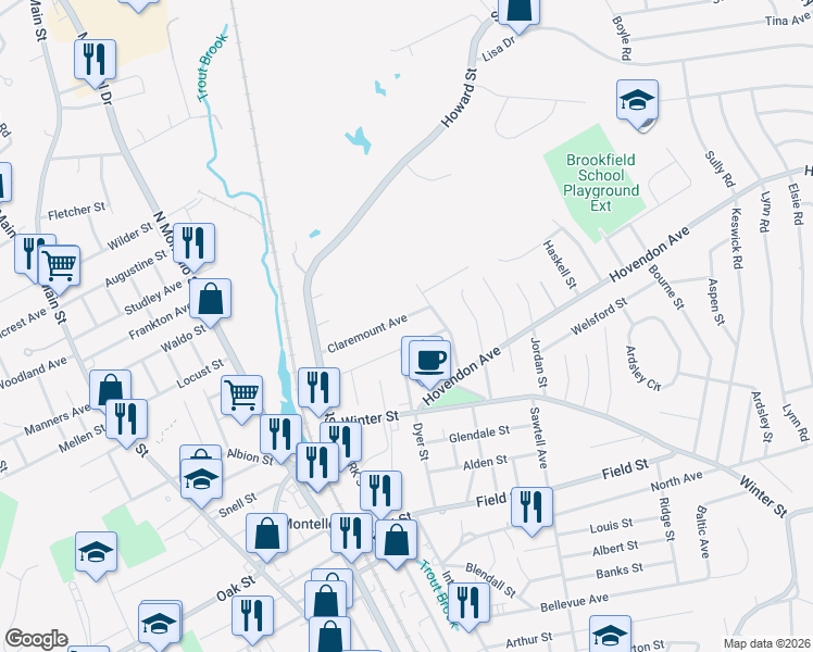 map of restaurants, bars, coffee shops, grocery stores, and more near 97 Claremount Avenue in Brockton