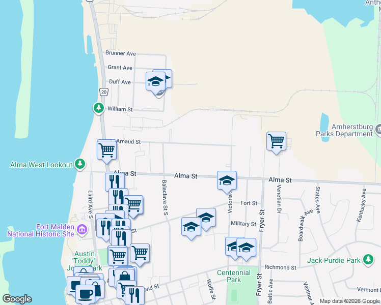 map of restaurants, bars, coffee shops, grocery stores, and more near 221 Saint Arnaud Street in Amherstburg