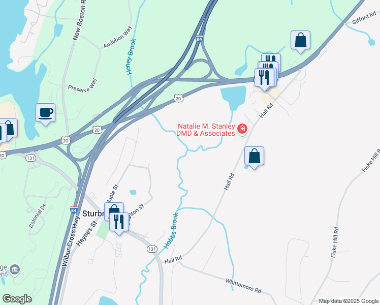 map of restaurants, bars, coffee shops, grocery stores, and more near 62 Charlton Street in Sturbridge