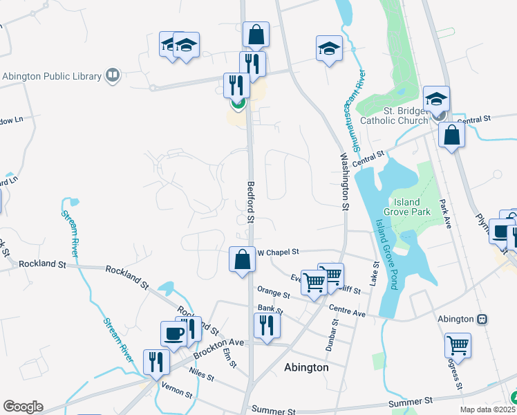 map of restaurants, bars, coffee shops, grocery stores, and more near 279 Bedford Street in Abington