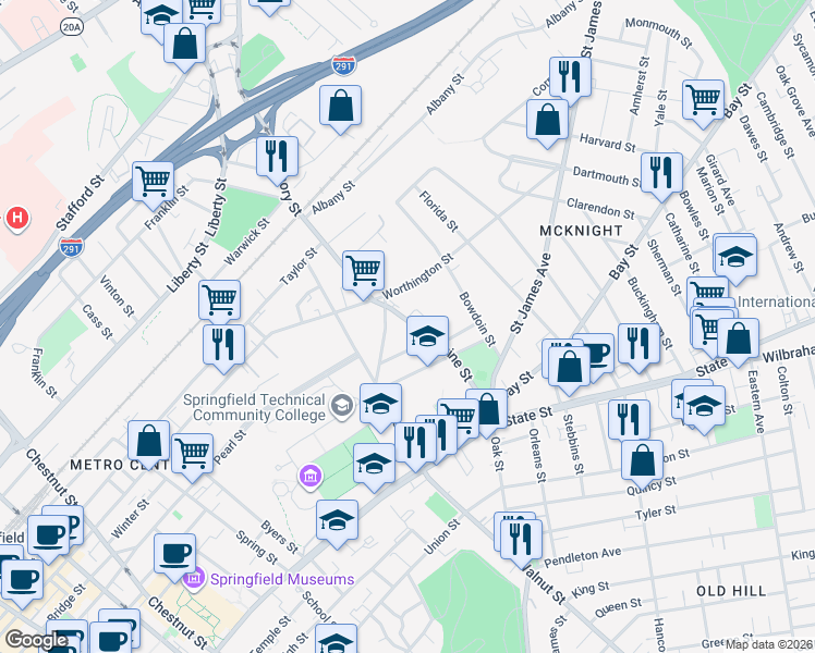 map of restaurants, bars, coffee shops, grocery stores, and more near 139 Magazine Street in Springfield