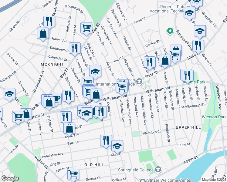 map of restaurants, bars, coffee shops, grocery stores, and more near 827 State Street in Springfield