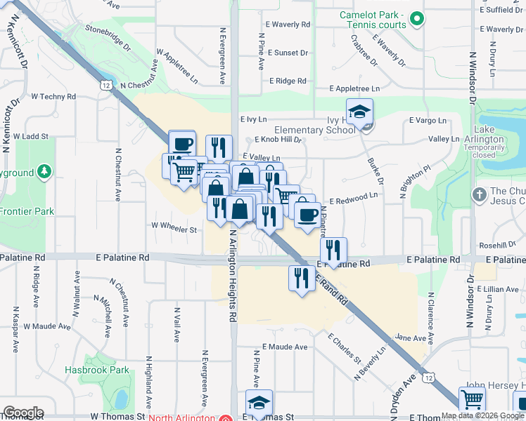 map of restaurants, bars, coffee shops, grocery stores, and more near 342 East Rand Road in Arlington Heights