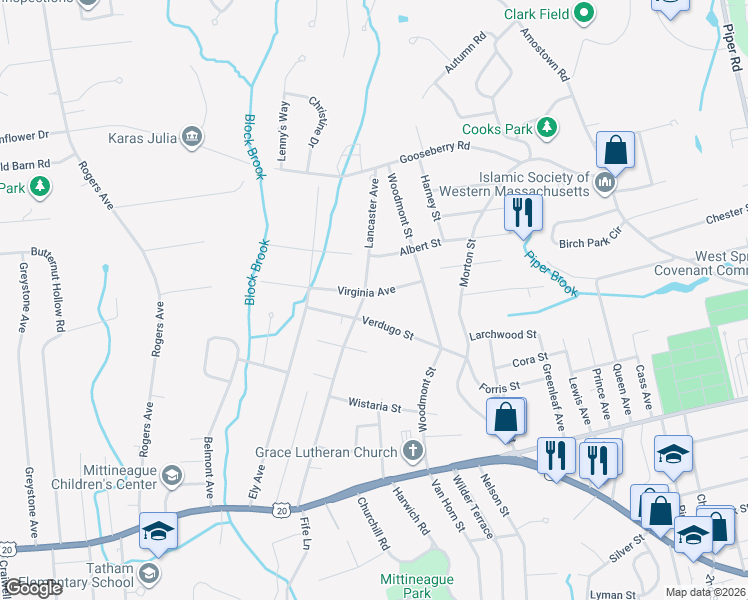 map of restaurants, bars, coffee shops, grocery stores, and more near 56 Virginia Avenue in West Springfield