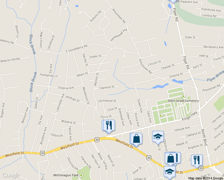 map of restaurants, bars, coffee shops, grocery stores, and more near 66 Clarence Street in West Springfield