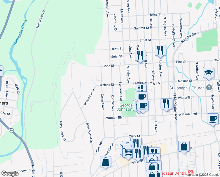 map of restaurants, bars, coffee shops, grocery stores, and more near 223 Robble Avenue in Endicott