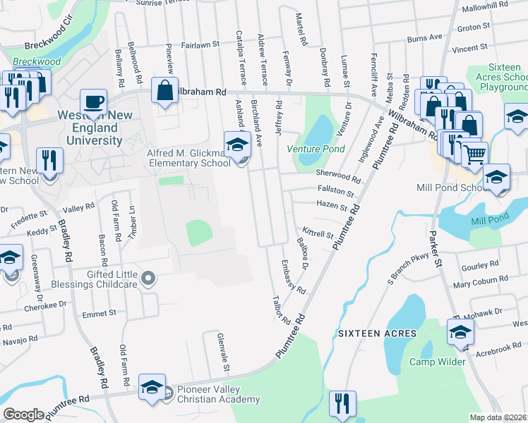 map of restaurants, bars, coffee shops, grocery stores, and more near 187 Ashland Avenue in Springfield