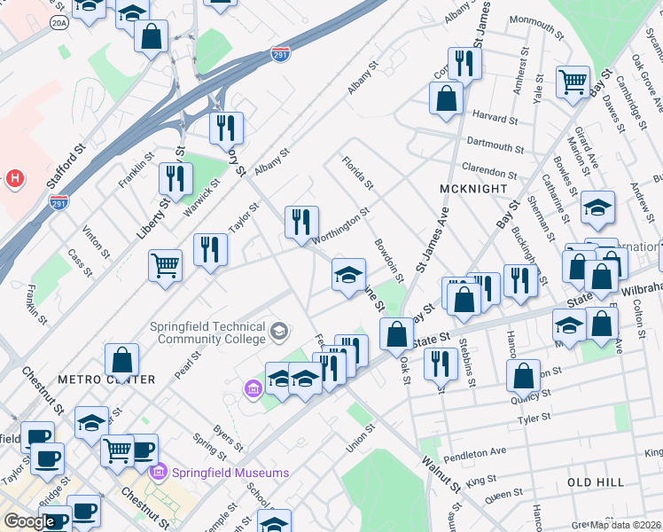 map of restaurants, bars, coffee shops, grocery stores, and more near 139 Magazine Street in Springfield