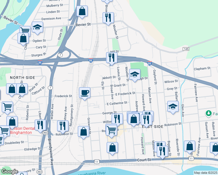 map of restaurants, bars, coffee shops, grocery stores, and more near 99 Broad Avenue in Binghamton