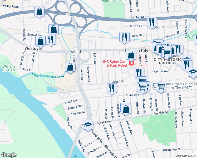map of restaurants, bars, coffee shops, grocery stores, and more near 88 Crocker Avenue in Johnson City