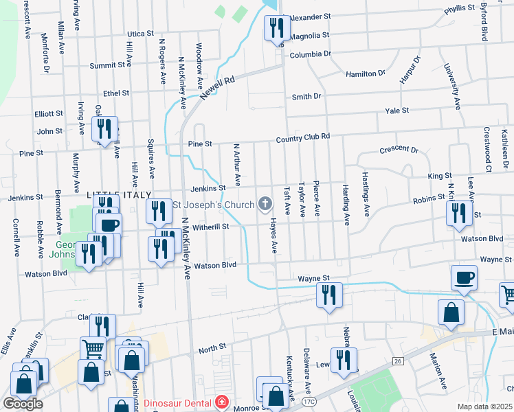 map of restaurants, bars, coffee shops, grocery stores, and more near 221 North Jackson Avenue in Endicott