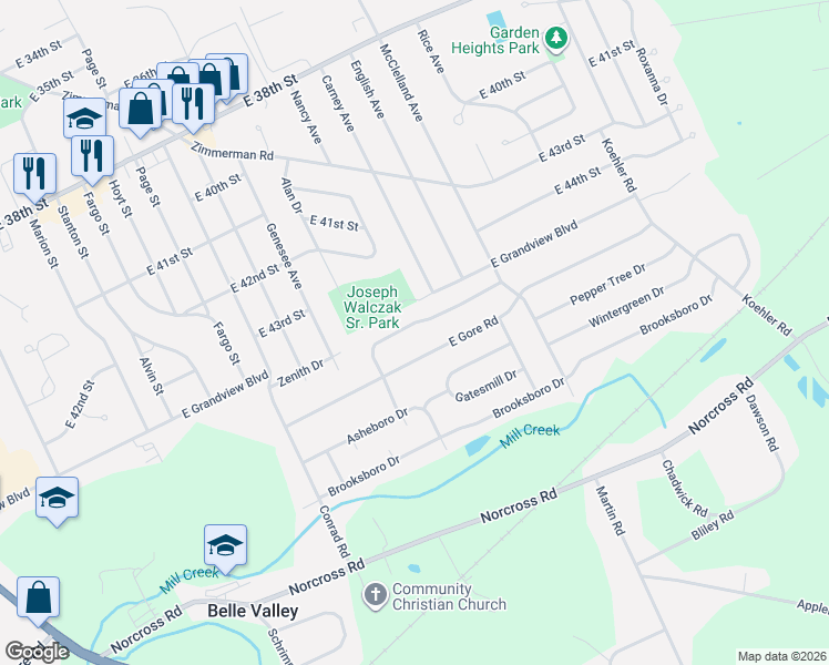 map of restaurants, bars, coffee shops, grocery stores, and more near 2199 Foxboro Court in Erie