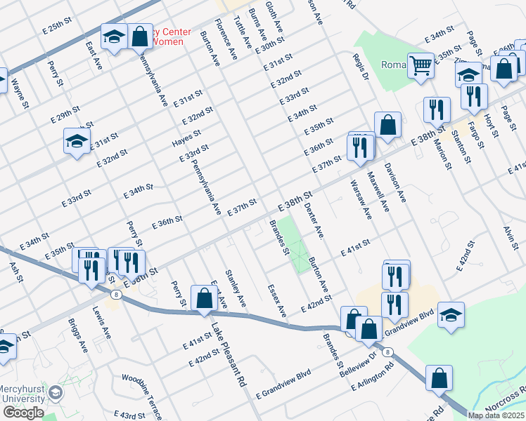 map of restaurants, bars, coffee shops, grocery stores, and more near 1206 East 38th Street in Erie