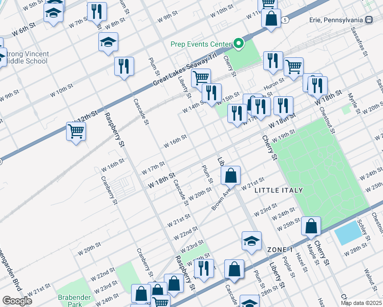 map of restaurants, bars, coffee shops, grocery stores, and more near 903 West 17th Street in Erie
