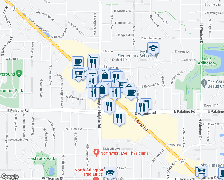 map of restaurants, bars, coffee shops, grocery stores, and more near 342 East Rand Road in Arlington Heights