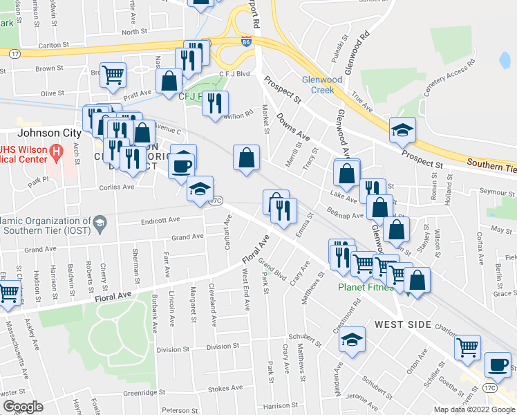 map of restaurants, bars, coffee shops, grocery stores, and more near 19 Wells Avenue in Johnson City