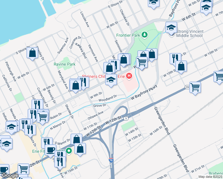 map of restaurants, bars, coffee shops, grocery stores, and more near 820 Lincoln Avenue in Erie