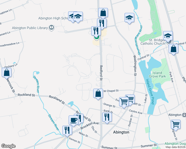 map of restaurants, bars, coffee shops, grocery stores, and more near 1719 Thayer Street in Abington