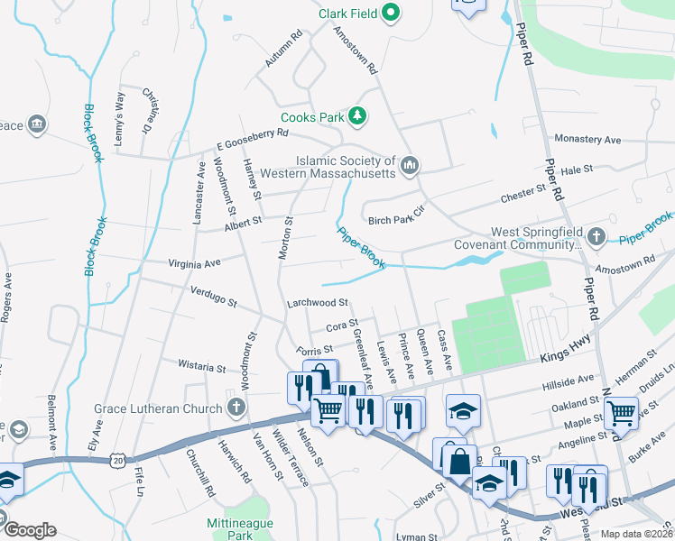 map of restaurants, bars, coffee shops, grocery stores, and more near 66 Clarence Street in West Springfield