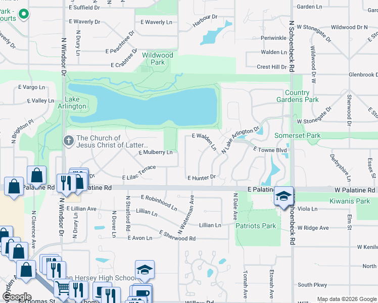 map of restaurants, bars, coffee shops, grocery stores, and more near 2041 North Oak Wood Drive in Arlington Heights