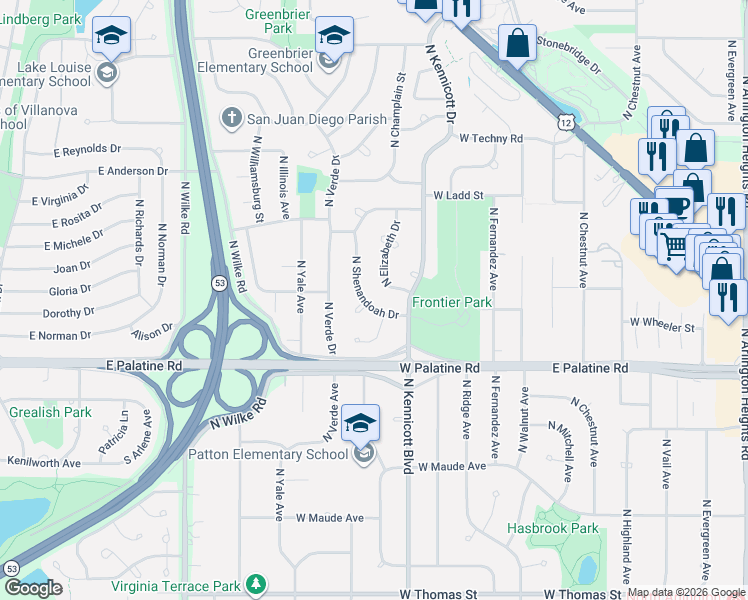 map of restaurants, bars, coffee shops, grocery stores, and more near 2006 North Elizabeth Drive in Arlington Heights