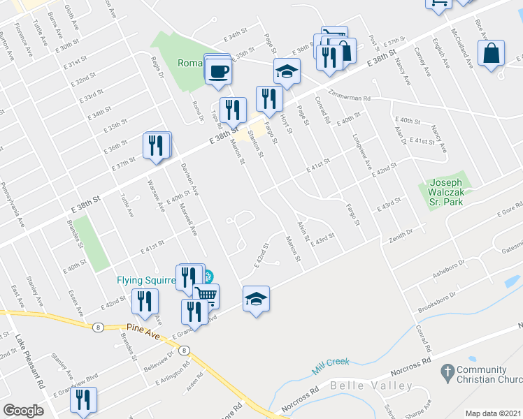 map of restaurants, bars, coffee shops, grocery stores, and more near 4120 Marion St in Erie