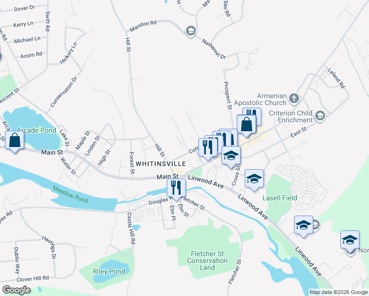 map of restaurants, bars, coffee shops, grocery stores, and more near 3 Pine Street in Northbridge