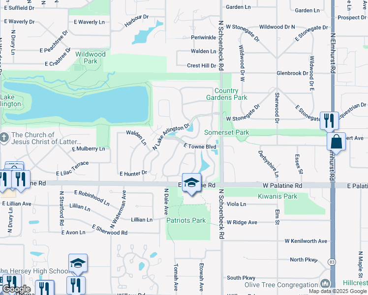 map of restaurants, bars, coffee shops, grocery stores, and more near 1969 Stillwater Road in Arlington Heights