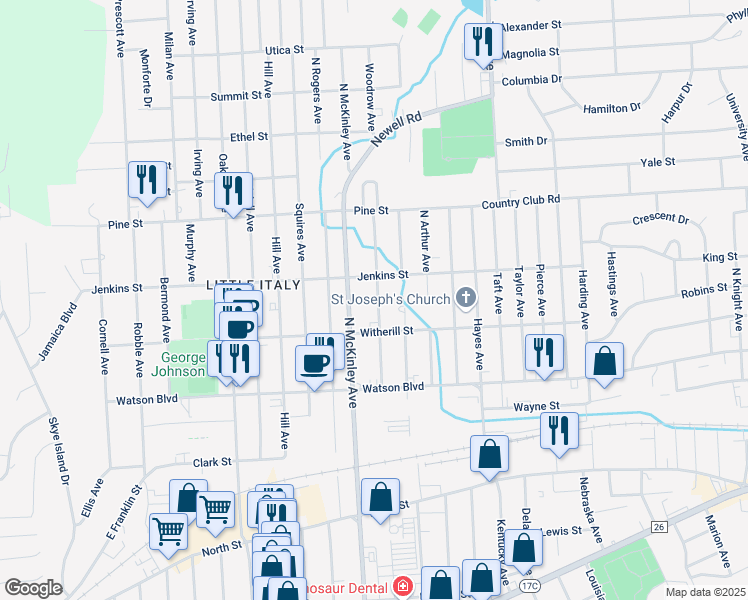 map of restaurants, bars, coffee shops, grocery stores, and more near 217 North Roosevelt Avenue in Endicott