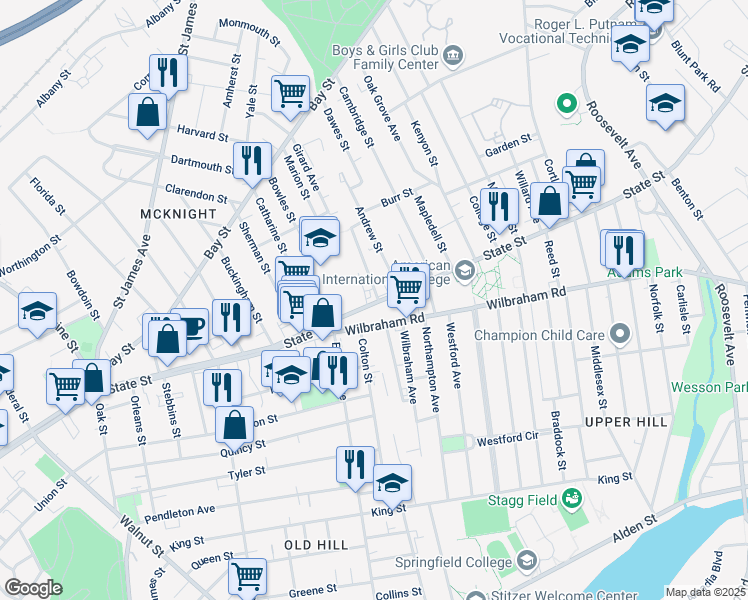map of restaurants, bars, coffee shops, grocery stores, and more near 864 State Street in Springfield