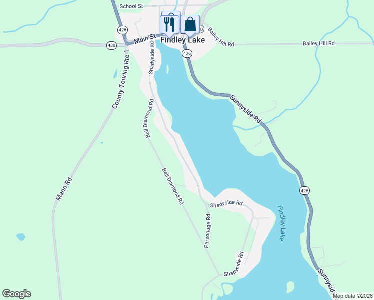 map of restaurants, bars, coffee shops, grocery stores, and more near 2642 Shadyside Road in Findley Lake