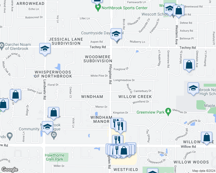 map of restaurants, bars, coffee shops, grocery stores, and more near 2801 Floral Drive in Northbrook