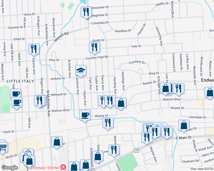 map of restaurants, bars, coffee shops, grocery stores, and more near 219 Wilson Avenue in Endicott