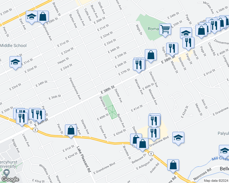 map of restaurants, bars, coffee shops, grocery stores, and more near 3810 Dexter Avenue in Erie