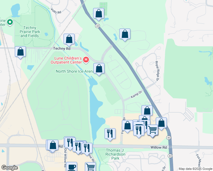 map of restaurants, bars, coffee shops, grocery stores, and more near 701 Founders in Northbrook