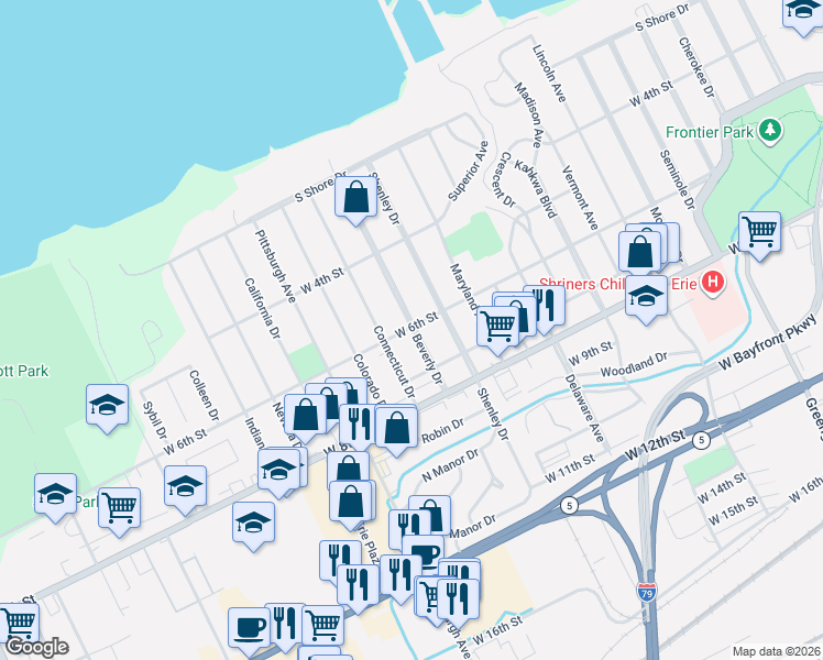 map of restaurants, bars, coffee shops, grocery stores, and more near 598 Beverly Dr in Erie