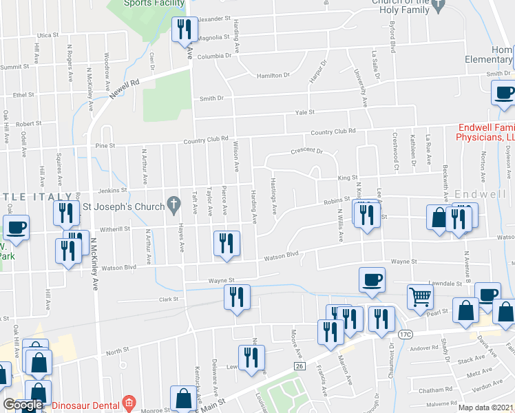 map of restaurants, bars, coffee shops, grocery stores, and more near 212 Harding Avenue in Endicott