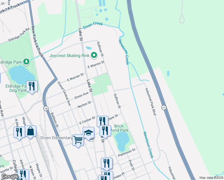 map of restaurants, bars, coffee shops, grocery stores, and more near 1303 Sullivan Street in Elmira
