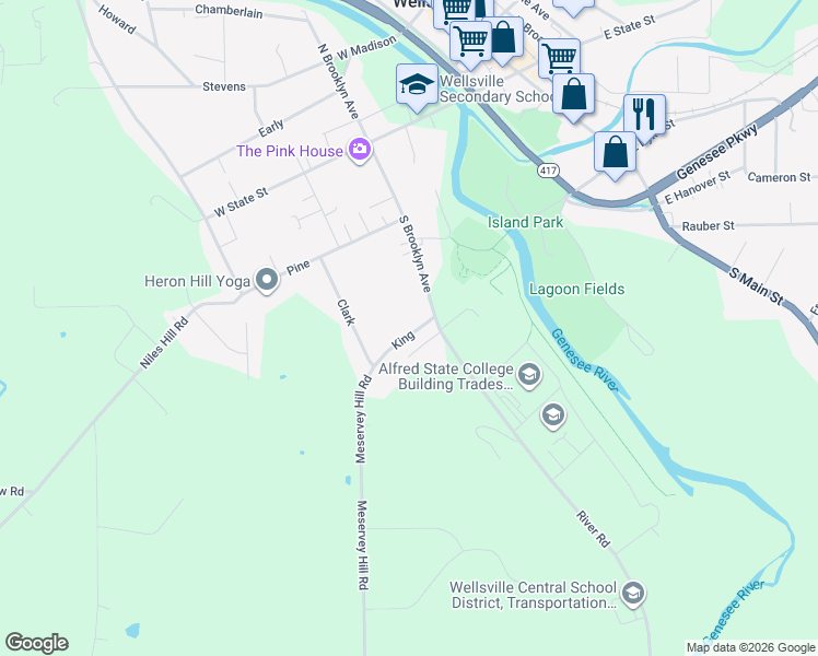 map of restaurants, bars, coffee shops, grocery stores, and more near 28 King in Wellsville