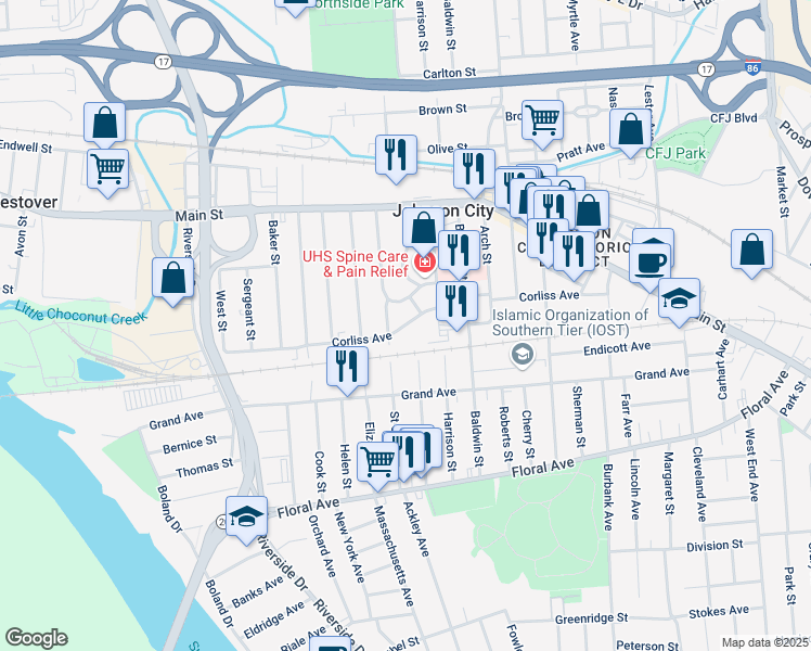 map of restaurants, bars, coffee shops, grocery stores, and more near 169 Corliss Avenue in Johnson City