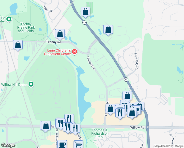 map of restaurants, bars, coffee shops, grocery stores, and more near 701 Founders in Northbrook