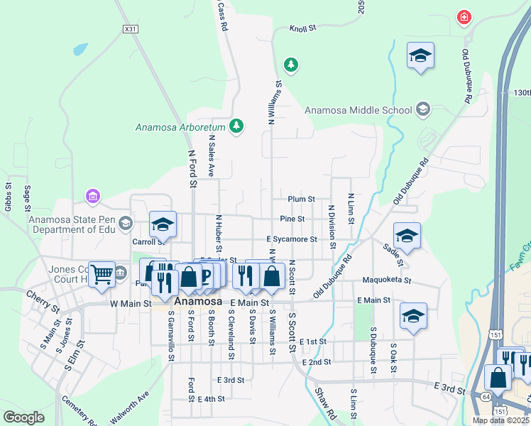 map of restaurants, bars, coffee shops, grocery stores, and more near 104 Pine Street in Anamosa