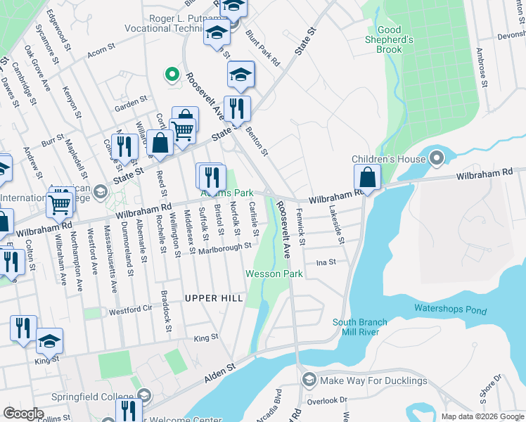 map of restaurants, bars, coffee shops, grocery stores, and more near 23 Carlisle Street in Springfield